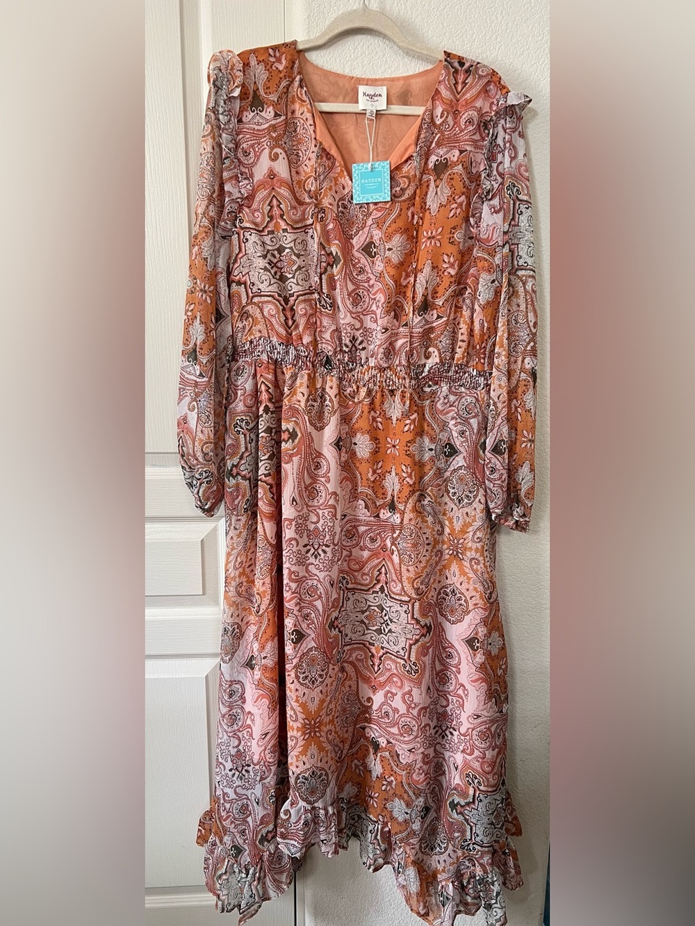 Hayden Pink & Rust Paisley Long Sleeve Midi Dress